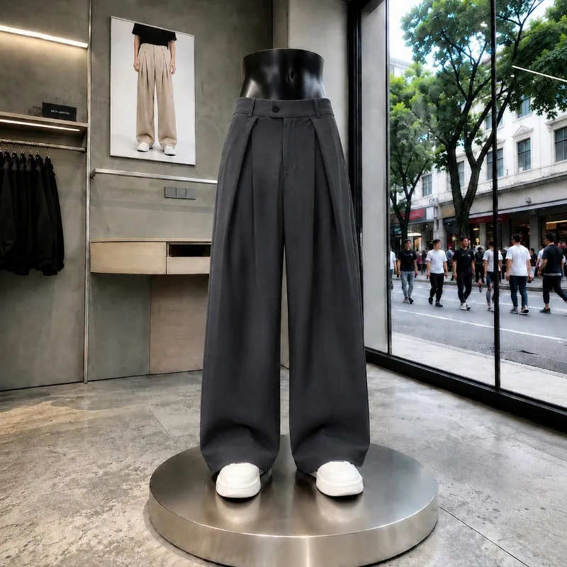 Men American Style Loose Pleated Wide Leg Suit Pants Old Money Draping Casual Long Trousers For Men