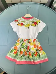 Girls Summer Clothes Set Kids Short sleeved T-shirt Designer Flowers Lemon Print Tops Skirt 2Pcs Suit Children Outfits Girl Tees