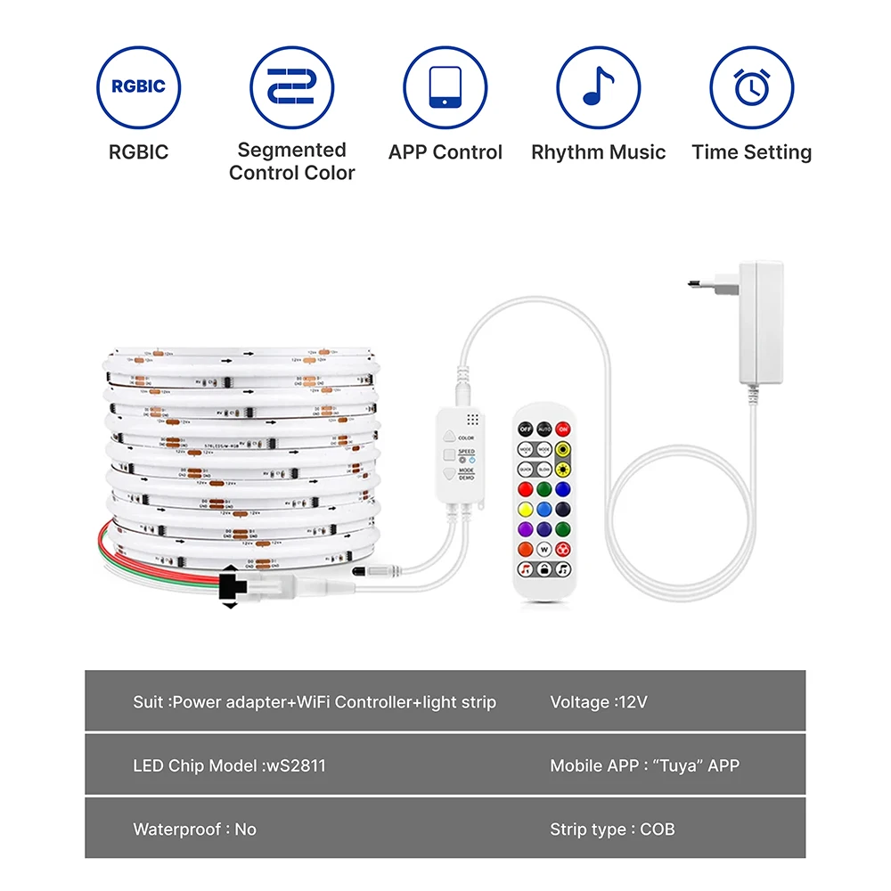 Tuya Smart WIFI RGBIC COB LED Strip Light Tape Addressable WS2812 IC Flexible RGB Neon LED Light 12V APPControl for Alexa Google