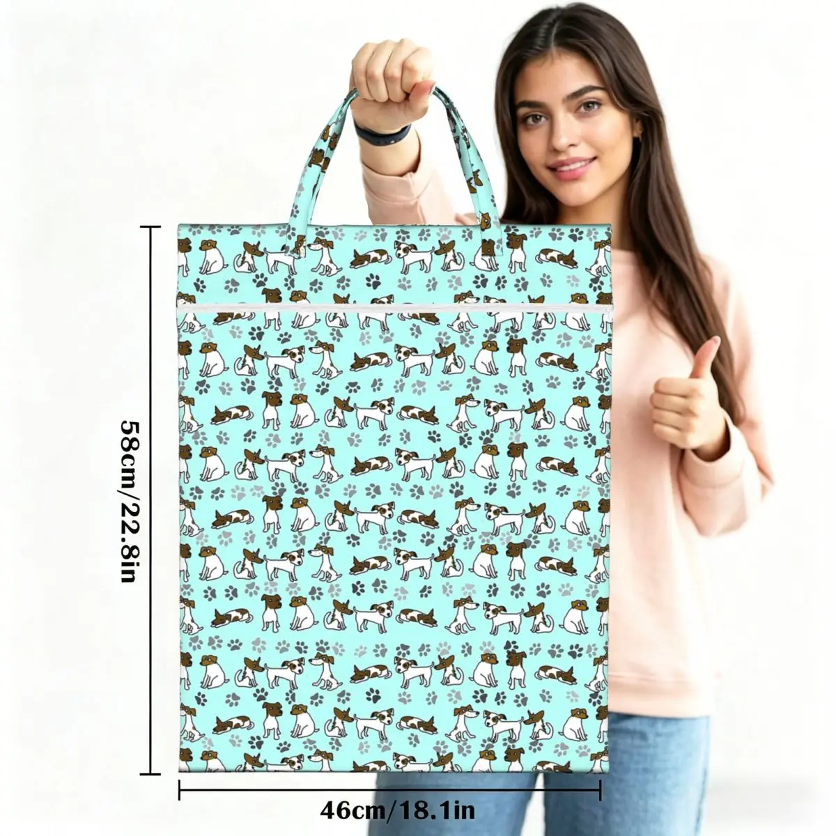Jack Russell Terrier Cartoon With Light Blue Background Travel Laundry Bag Reusable Dirty Clothes Pouch Gym Yoga Washing Basket