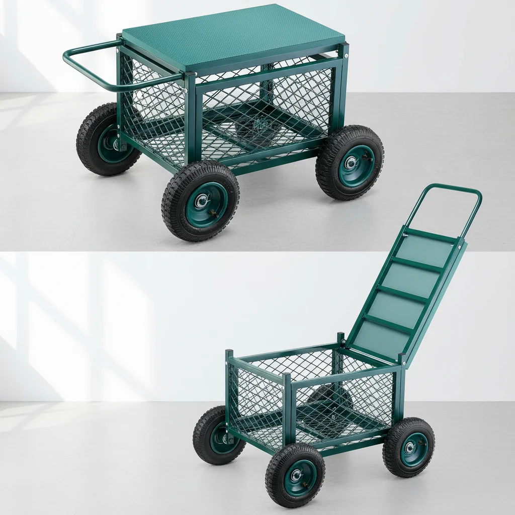 

Heavy Duty Rolling Garden Cart with Seat, 400 LBS Capacity, All-Terrain Wheels, Multifunctional Storage for Lawn & Patio