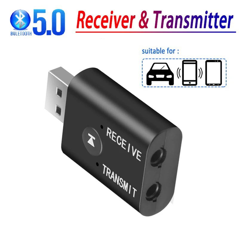 2 In 1 Car Bluetooth 5.0 Audio Receiver & Transmitter 3.5mm Jack AUX Stereo Wireless with Mic For Handsfree Mp3 Speaker TV