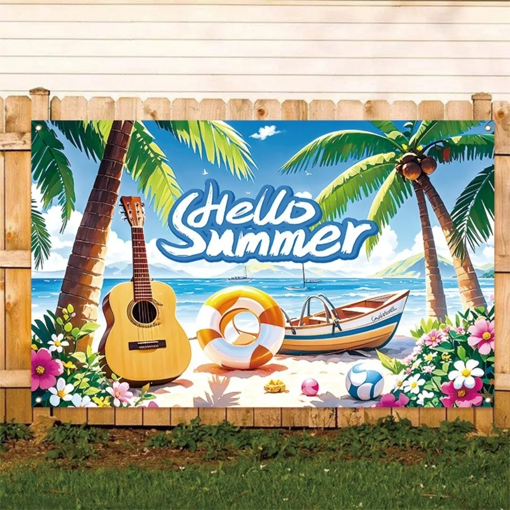 

Tropical Theme Hello Summer Beach Backdrop Lifebuoy Flower Boat Summer Pool Party Backdrop Vibrant Colors Coconut Tree