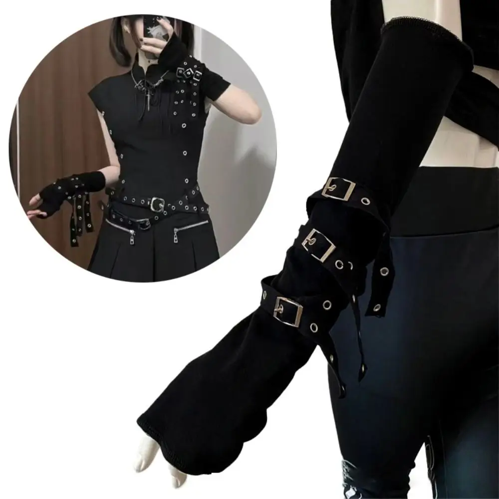 

Gothic Style Half-fingered Gothic Arm Warmer Unisex Cuff Cool Black Sun-protective Sleeve Buckle Design Anime Gloves Streetwear