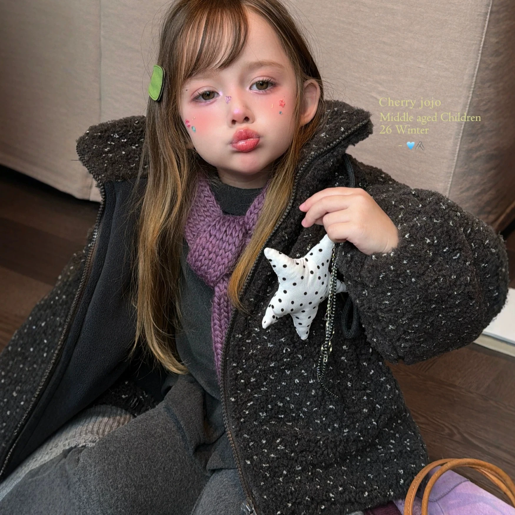 Girls Coat 2026 Autumn and Winter New Childrens Clothing Korean Girl Baby Five-pointed Star Decorated Broken Flower Woolen Coat