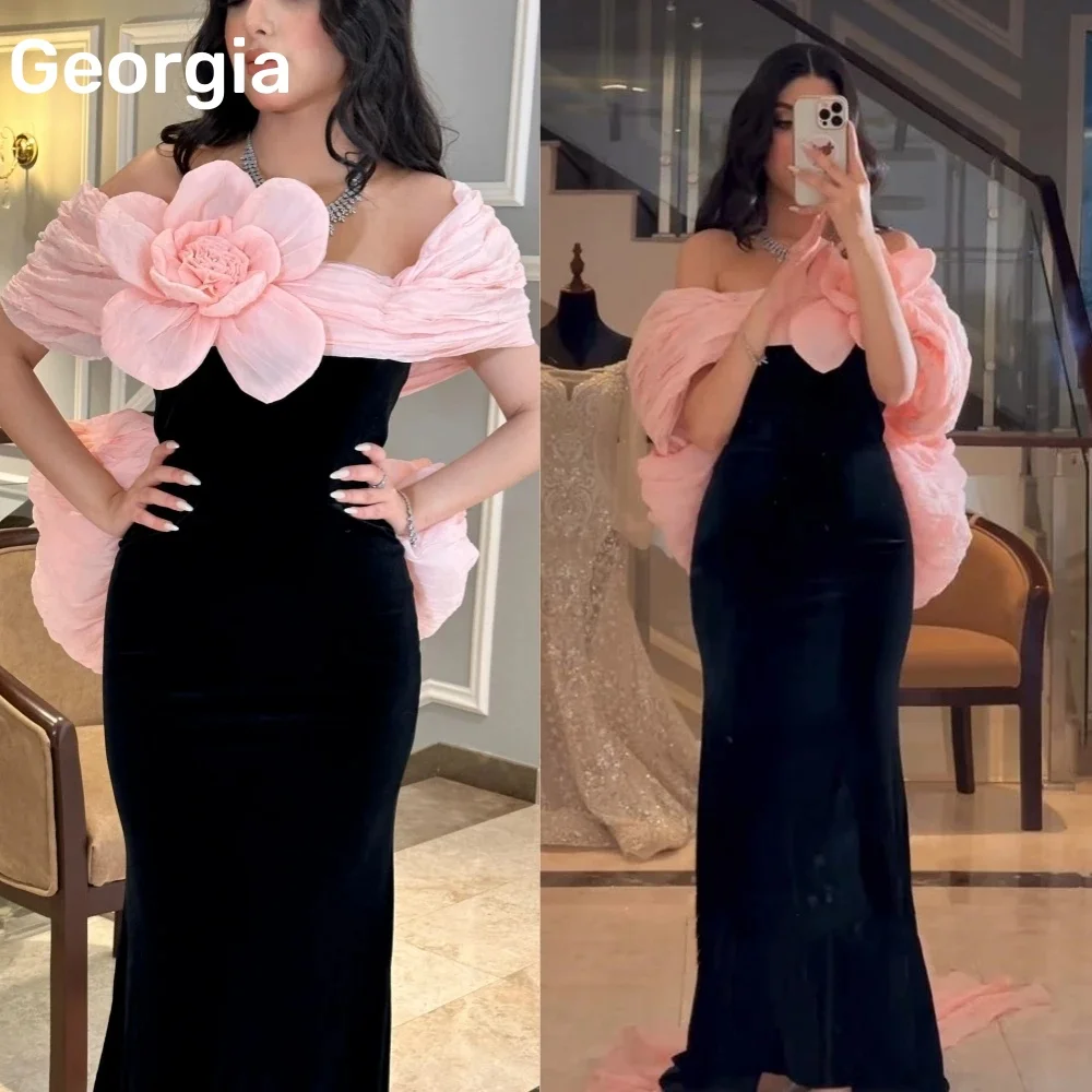 

Customized Black Mermaid Off Shoulder Evening Dresses Woman Elegant 3d Flowers Saudi Arabia Wedding Guest Dress With Bow Vestido