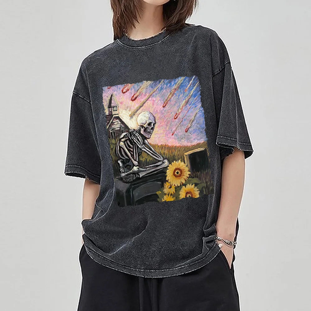 

Oil Painting Style Skull Frame Print Unisex T-Shirt Washed Oversized Short Sleeve Casual Vintage Top 2024 Y2K