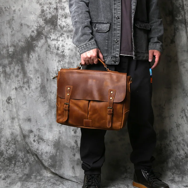 

Retro Leather Handbag for Men, Top Layer Cowhide Horizontal Computer Bag, Crazy Horse Leather, Casual Shoulder Messenger Bag