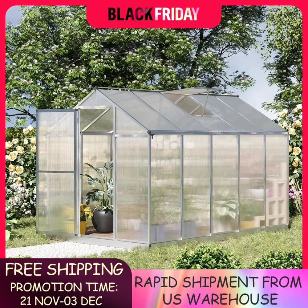 

10' x 6' Walk-in Polycarbonate Greenhouse with Roof Vent for Ventilation & Rain Gutter, Heavy Duty Aluminum Green House