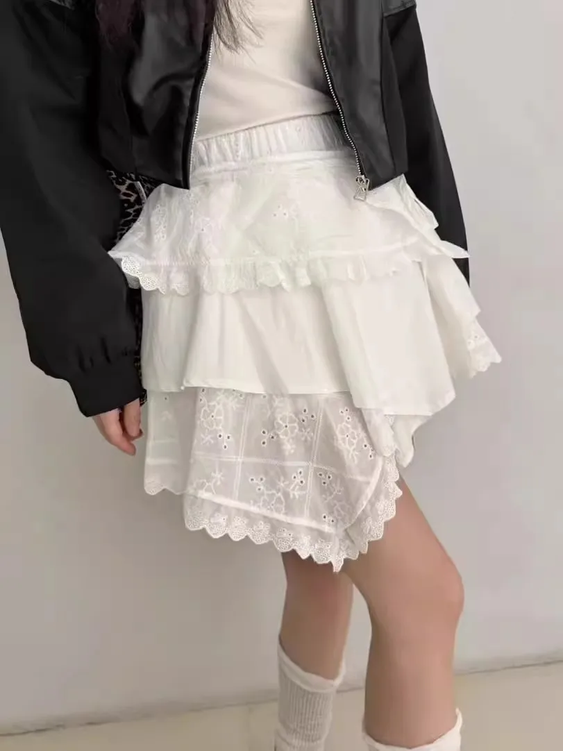 Summer New Sle White Cake Design Hollow out Belted Fluffy ort Skirt Women's mid Waist Irregular Korean Version f Skirt