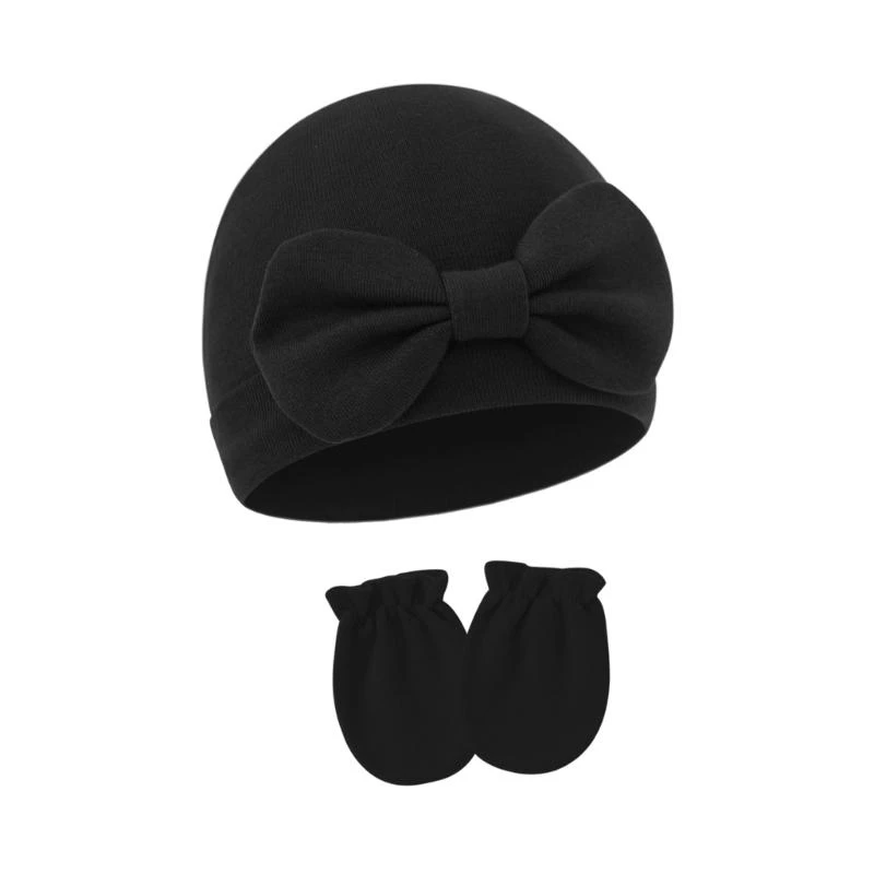 

Baby Bowknot Hat Windproof Infant Bonnet Caps Newborns Bonnet with Matching Anti-scratch Gloves for 0-6M Boys Girls