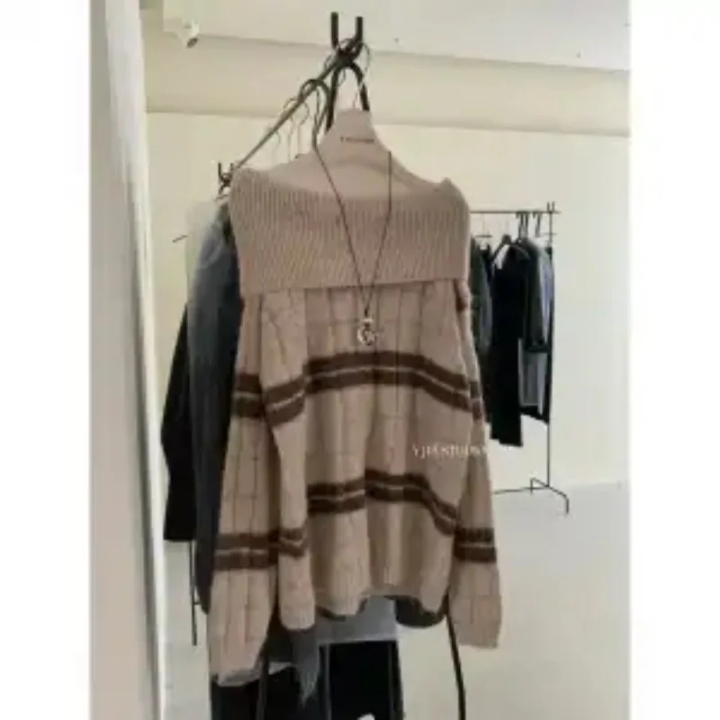 مزاجه واحد الكتف التباين سترة مخططة المتخصصة تنوعا عارضة مخطط فضفاض الكورية نمط السترة #5