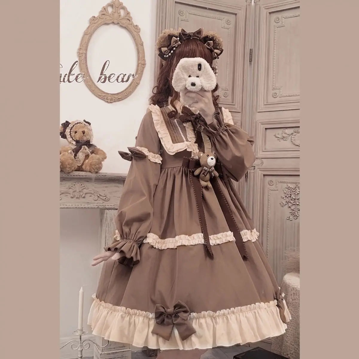 

NONSAR японское винтажное платье Лолиты женское кавайное коричневое платье с бантом и медведем с оборками и длинными рукавами платье принцессы костюм на Хэллоуин