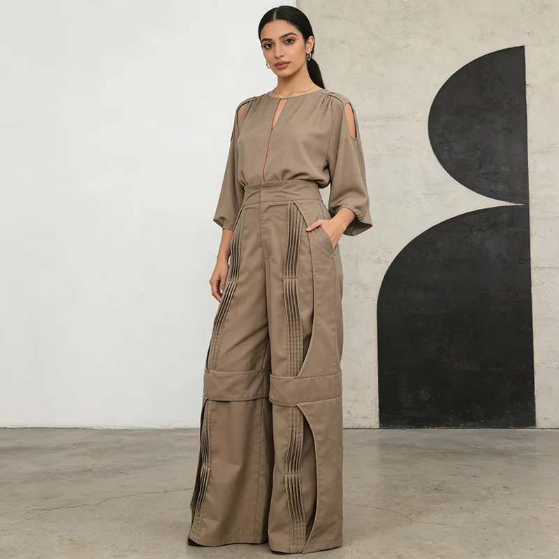 ZAMOR HIGH STREET Women Solid Color Wide Leg Pants Minimalist Style Spliced Pleated Design Slim Fit Casual Trousers 2026