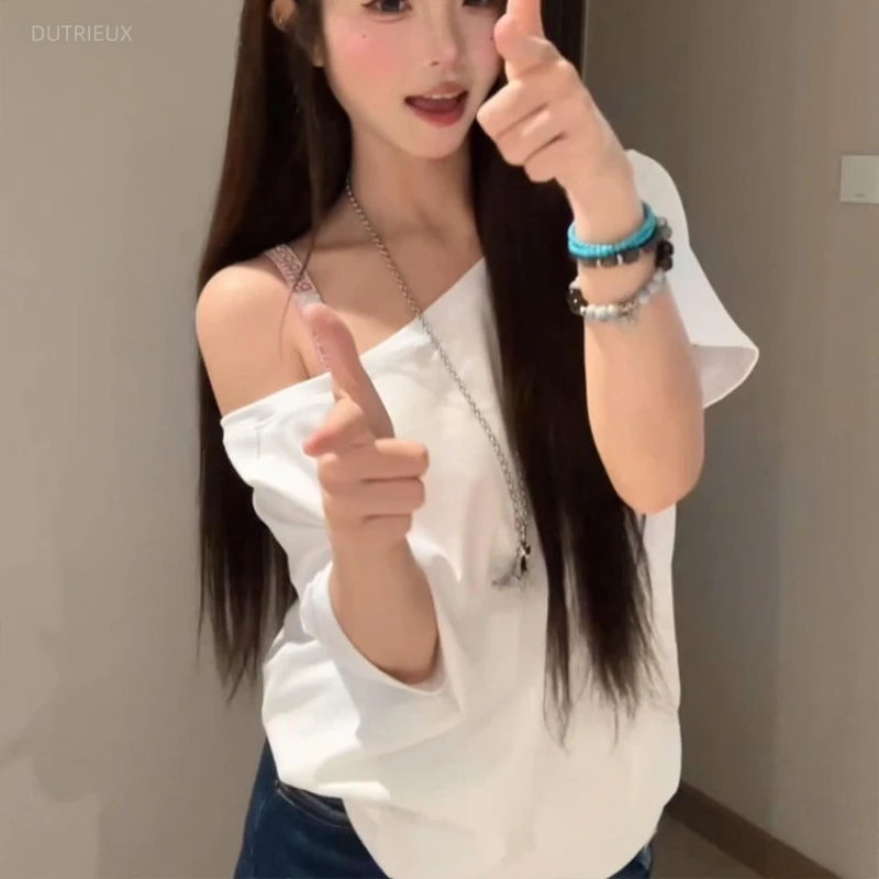 Summer French Simple Skew Collar Loose Casual T Shirts All Match Korean Harajuku Hrunge Punk Vintage Top Casual Office Lady Tees