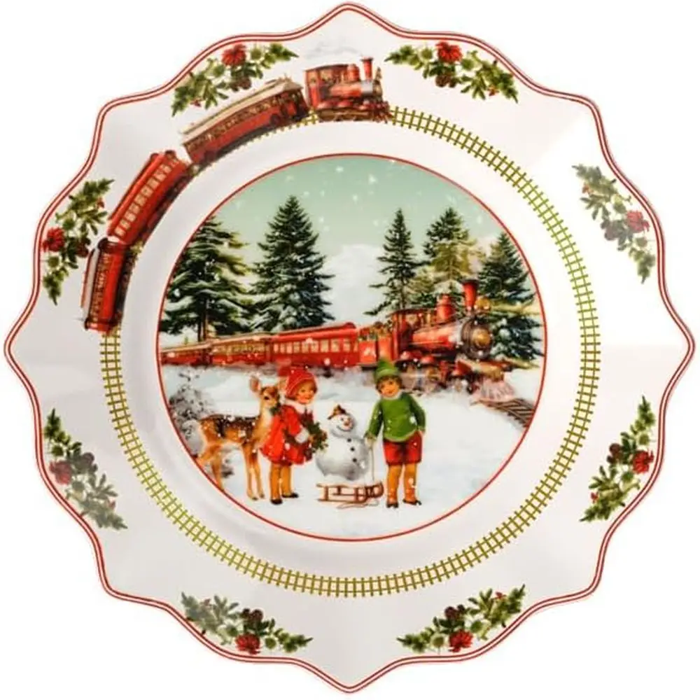 

Annual Christmas Edition Collection Salad Plate, Premium Porcelain, Nostalgic Christmas Motif, 9.25 in, White/Colorful