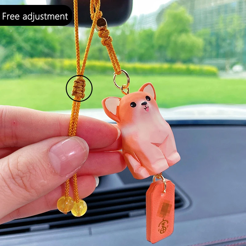 Original Wood Carving Style Resin Husky Schnauzer Dog Car Rearview Mirror Pendant Adjustable Knots Car Accessories Pendant Gifts