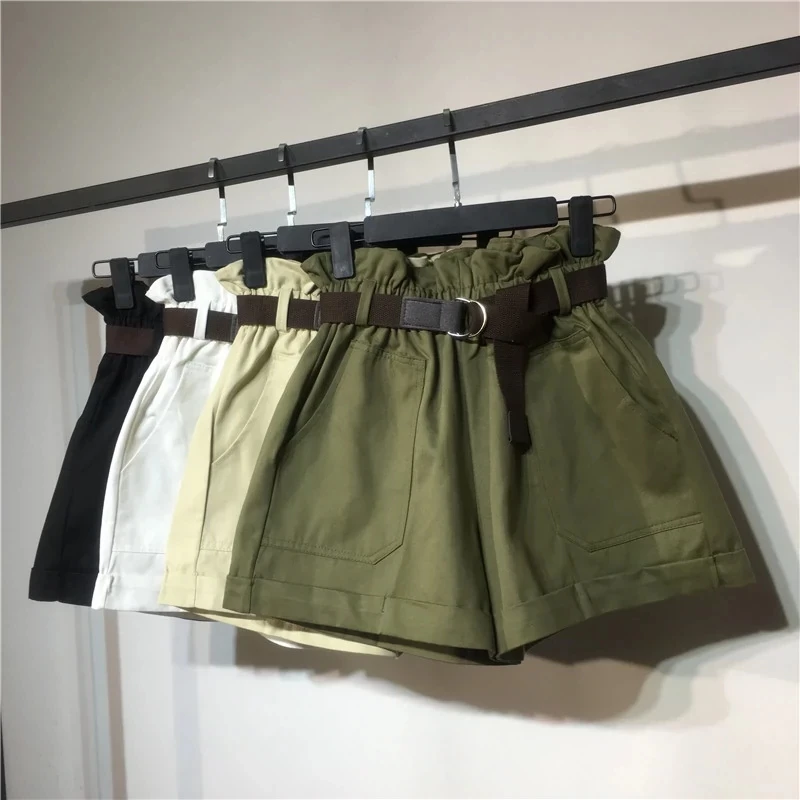 Pantalones cortos elásticos de cintura alta con cinturón para mujer, Shorts de pierna ancha con corte en A, ropa de trabajo con bolsillo holgada, informal, Verano