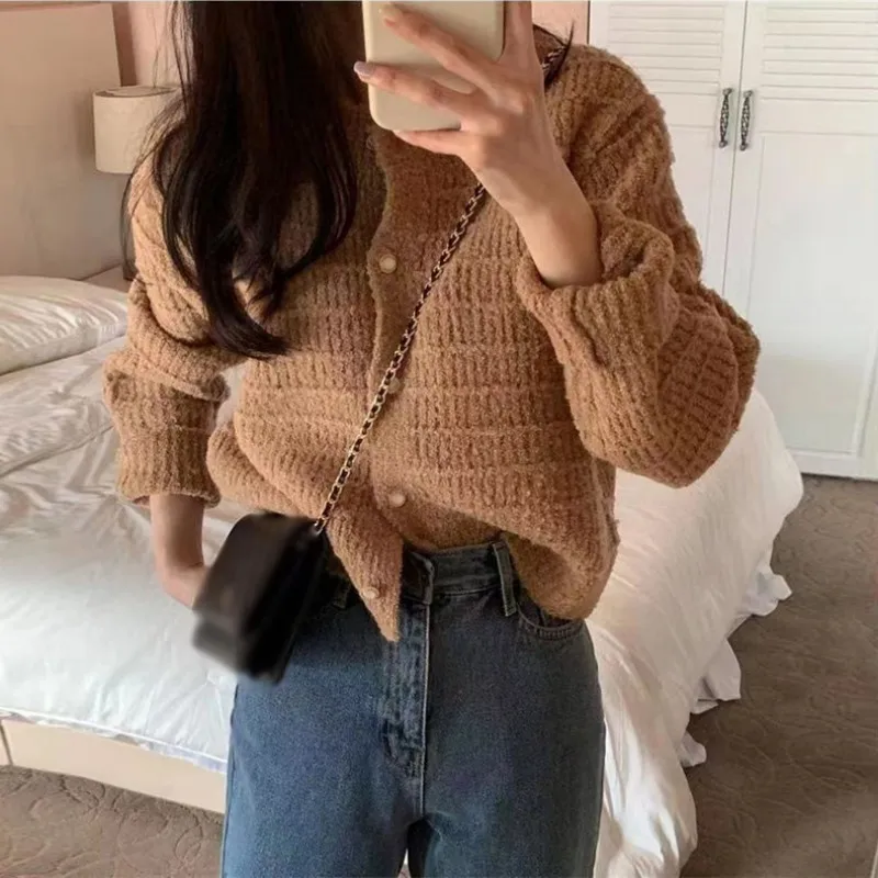 Autumn Winter Cardigan Women\'s Loose Round Neck Long sleeved Knitted Sweater Textured Weaving Retro Tops Casual Solid colo