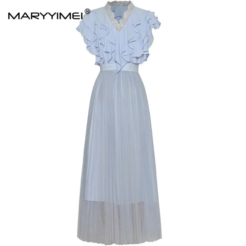 

MARYYIMEI Fashion Women's New Vintage Lace V-Neck Flounced Edge Short Sleeved Slim-Fit Mesh Pleated Shaggy Ball Gown MIDI Derss