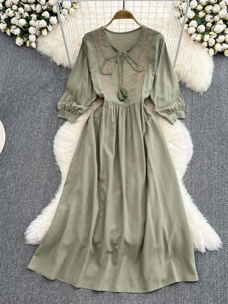 Spring Summer National Temperament Round Long Sleeve Embroidered Loose Lace A-line Dress Elegant Large Swing Vestidos  D1571