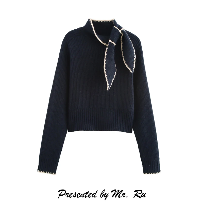 Suéter de Tricô Feminino Versátil com Laço Borboleta, Gola Choker, Ajuste Slim, Quente, Color Block, Elegante para o Outono