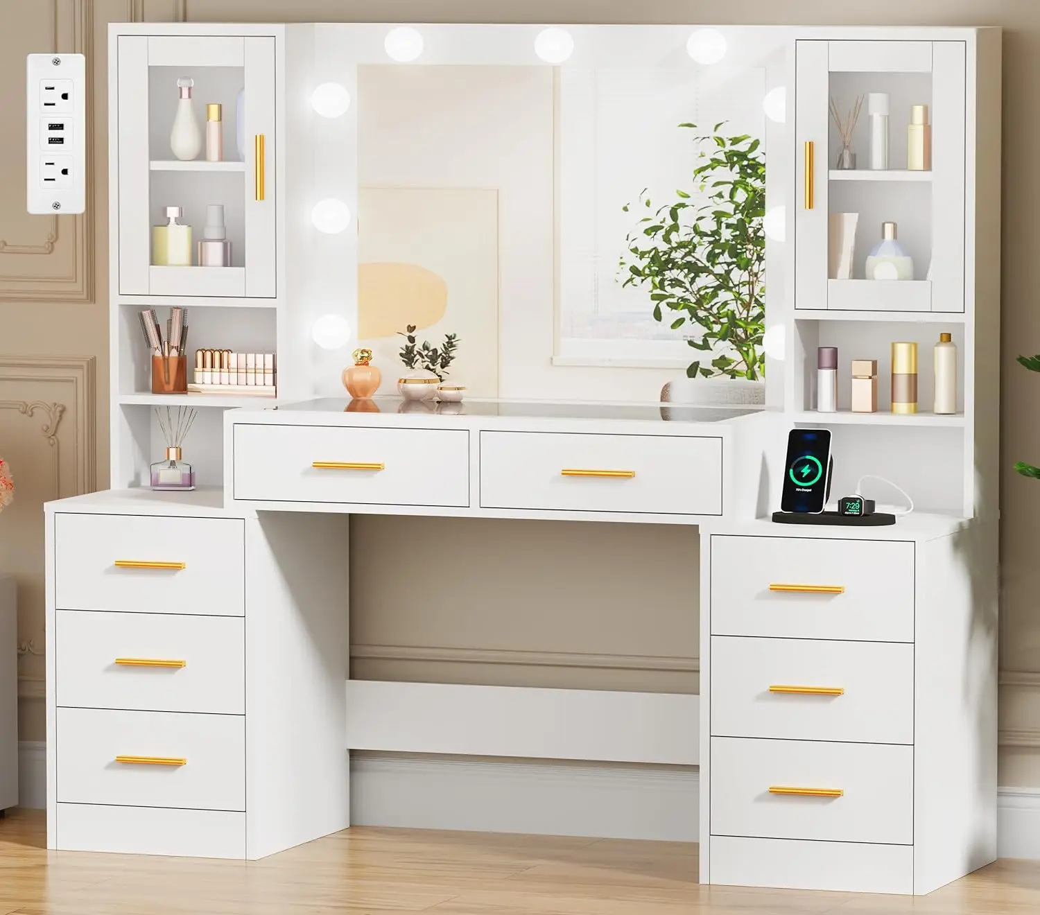 

Makeup Vanity Desk with Mirror and Lights,55.12" Large Vanity Table with Glass Top,White Makeup Desk with Power Outlet 8 Drawers