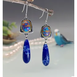 Bohemian Style 925 Silver Needle Natural Lapis Lazuli Stone Dangle Hook Earrings Wedding Engagement Earrings for Women