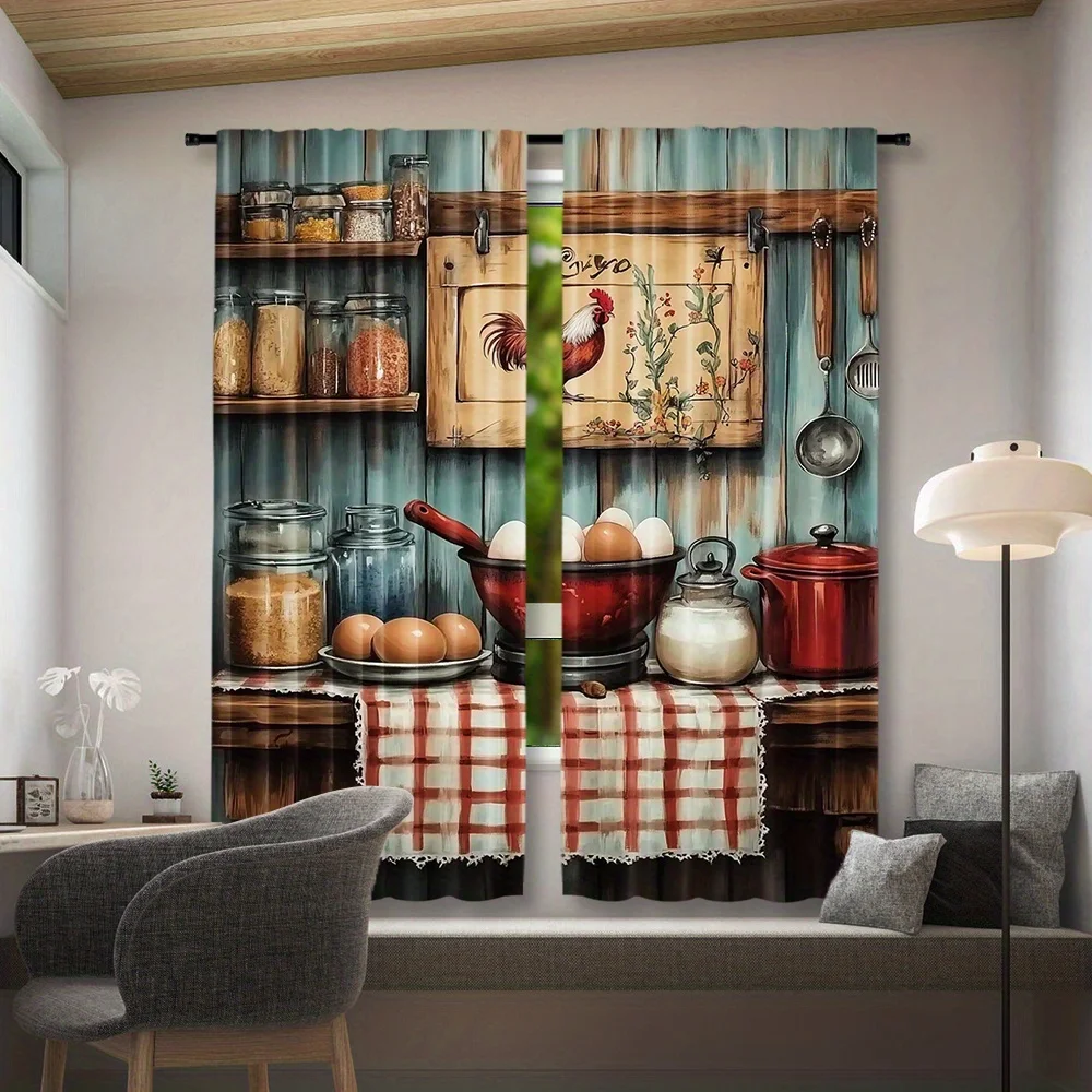 Rustic Farm Kitchen Theme Curtain 2 Panels Blue Wood Base Cookware Egg Jar Rooster Plaid Print Window Curtain Country Home Decor