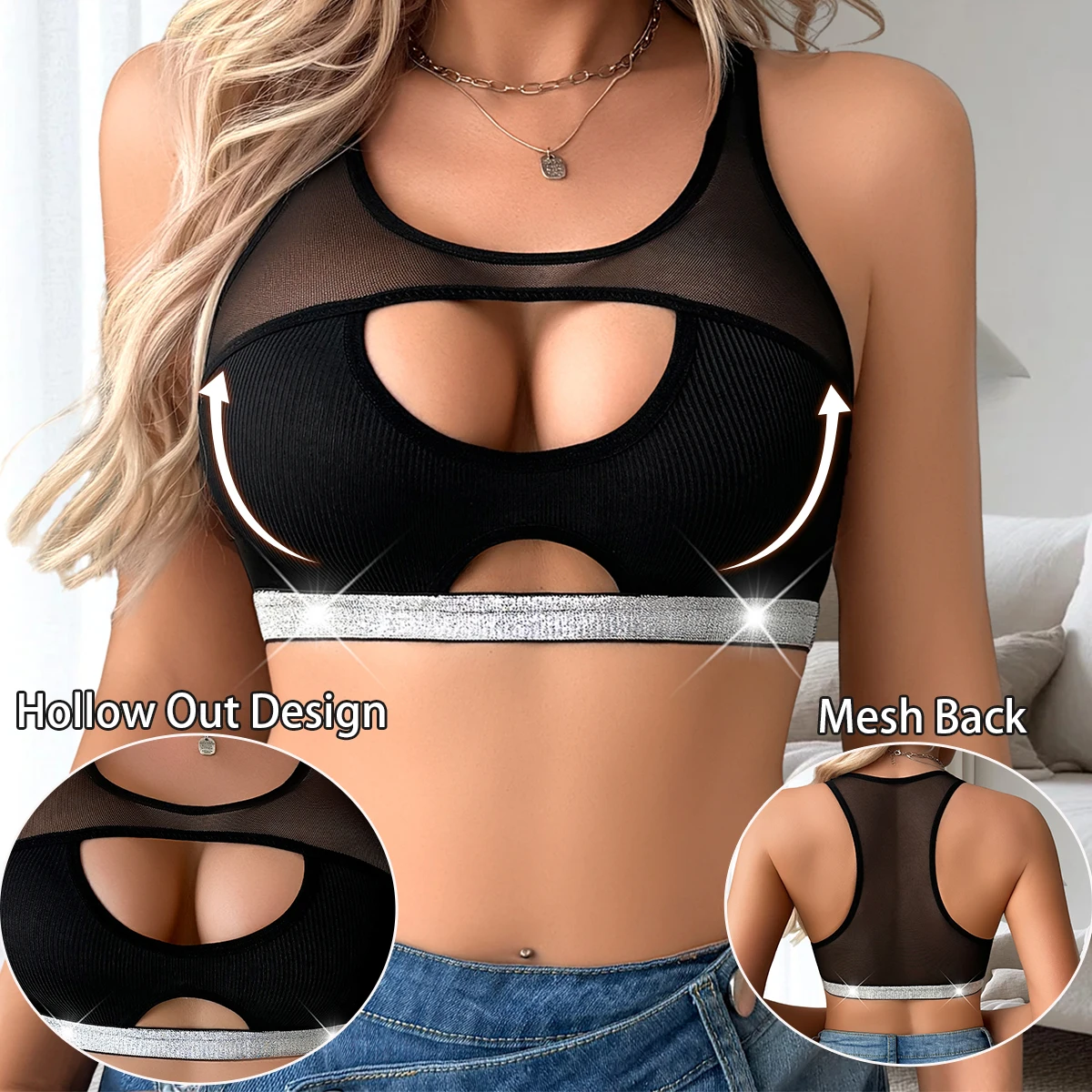 1pcs Hollow Out Fashion Style Sexy Women's Bras Camisole Ribbed Mesh Patchwork Female Underwear No Pad Wire-Free Sexy Lingerie