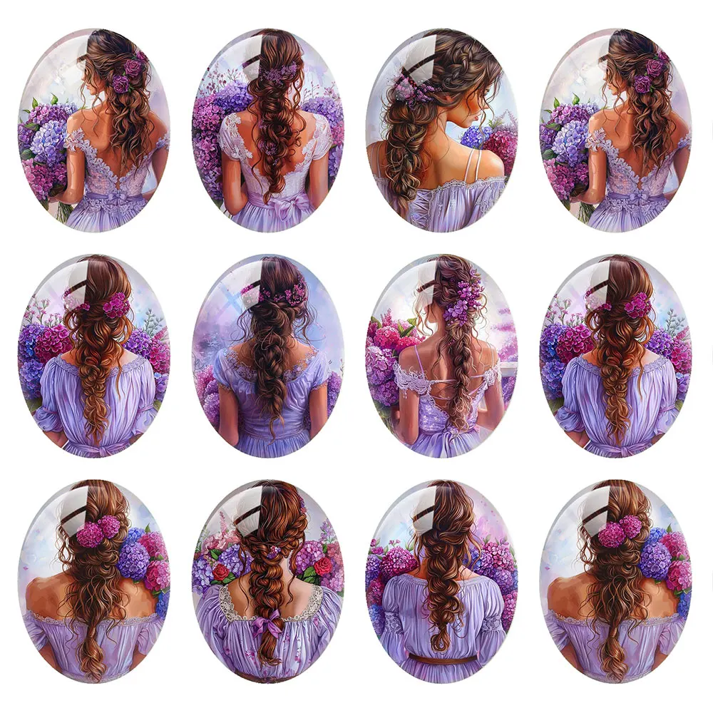 Random Mixed Round/Oval/Square Purple Dress Flower Braid Girl Back Photo Glass Cabochon Flatback Demo Cameo Diy Jewelry Making