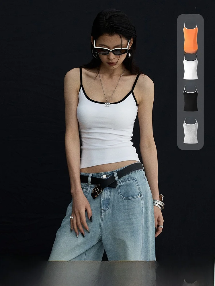 

Ourhour Women's Slim Fit Strap Vest Pure Color Large U Ne with Chest Pad Summer Design Sense Top Collar Sle Casual Wear