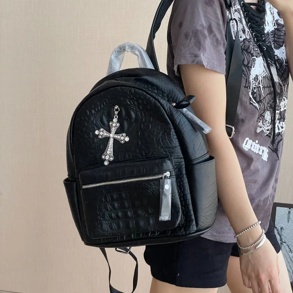 

Мужской и женский рюкзак премиум-класса с оригинальной текстурой в стиле Y2K, черный, с готическим крокодиловым узором, школьный рюкзак