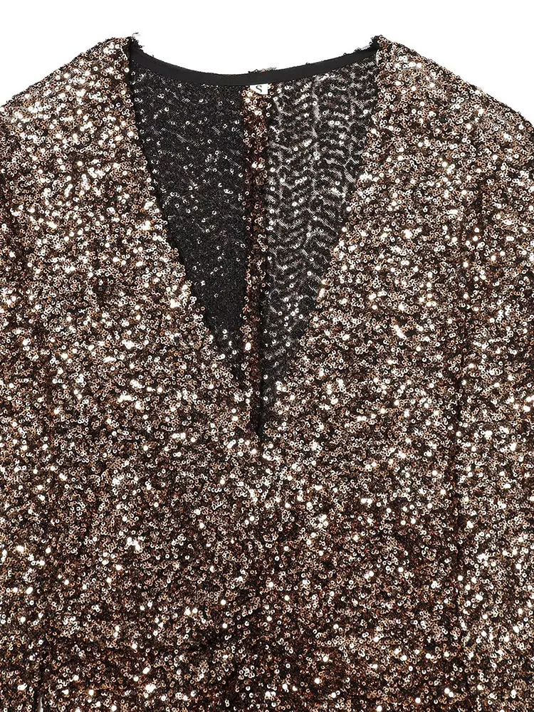 NLZGMSJ 2026 春 スパンコール セクシー パーティー ロングドレス レディース Vネック 長袖 スリム プリーツ ハイ スリット ドレス レディース イブニングドレス