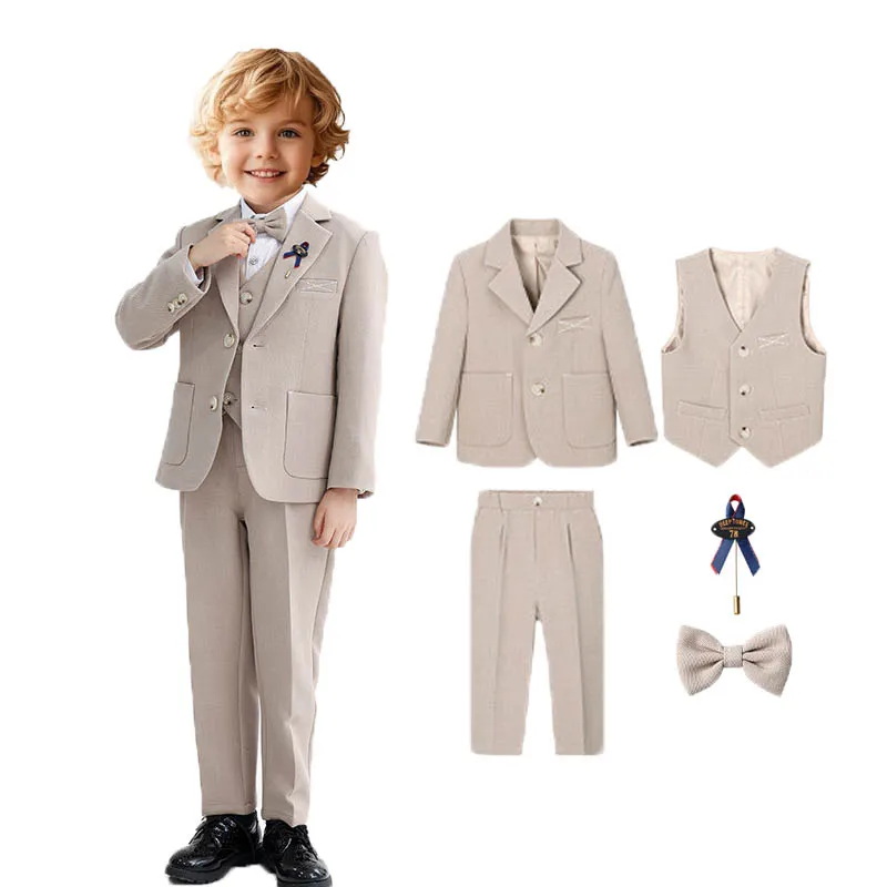 

Kids Formal Wedding Suit Boys 5Pieces/Set Jacket Vest Pants Brooch Bowtie Photography Suit Children Host Performance Costome