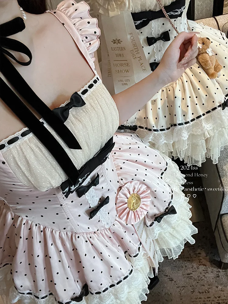 Vintage Romantic Girls Doll Lolita Polka Dot Jsk Dress New Summer Women\'s Sweet Bow Princess Short Party Birthday Dresses