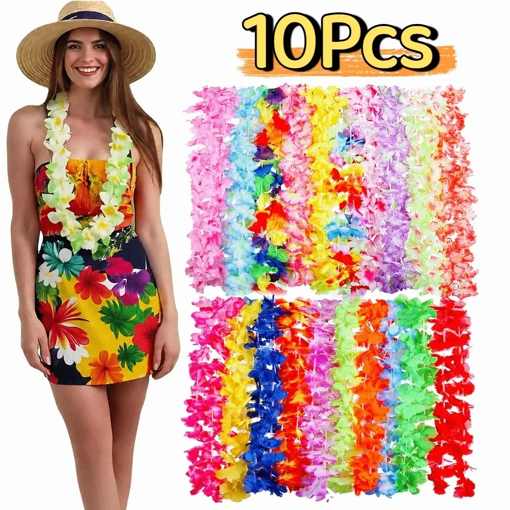 10Pcs Colorful Hawaiian Leis Reusable Vibrant Tropical Theme Leis Creative Photo Props Hawaii Flower Lays Wedding Celebration