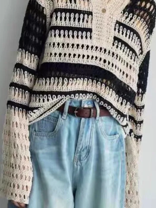 Retro Hollow out Long Sve Women's Knitted Sweater ort Sle Loose Lazy Faion Autumn New Arrival No Brand Registered