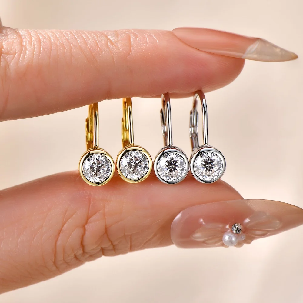 Rrjzz 925 Sterling Silver D-Color 5mm 6.5mm 8mm Moissanite Hoop Earrings Bezel Set Women Leverback Earrings 0.5-2CT Jewelry Gift