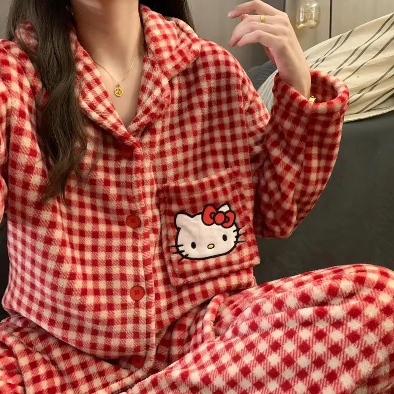 

Милый Sanrio Hello Kitty, женский плюшевый пижамный костюм, аниме Kawaii, зимняя фланелевая домашняя одежда, теплая мягкая ночная рубашка для девочек, топы, брюки, подарок
