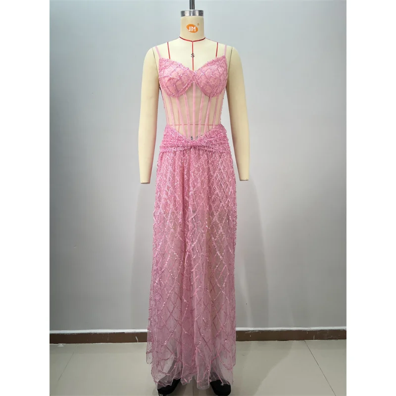 New Arrival Sequin Quilted Embroidery Pink Sheer Mesh Puffy Long Dress Elegant Party Wedding Gown