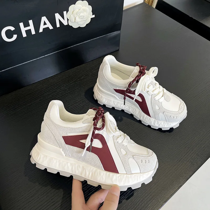 Gray Burgundy Patchwork Suede Chunky Sneakers For Women Dual Color Lace Up Design Round Toe Non Slip Serrated Thick Platform view 2