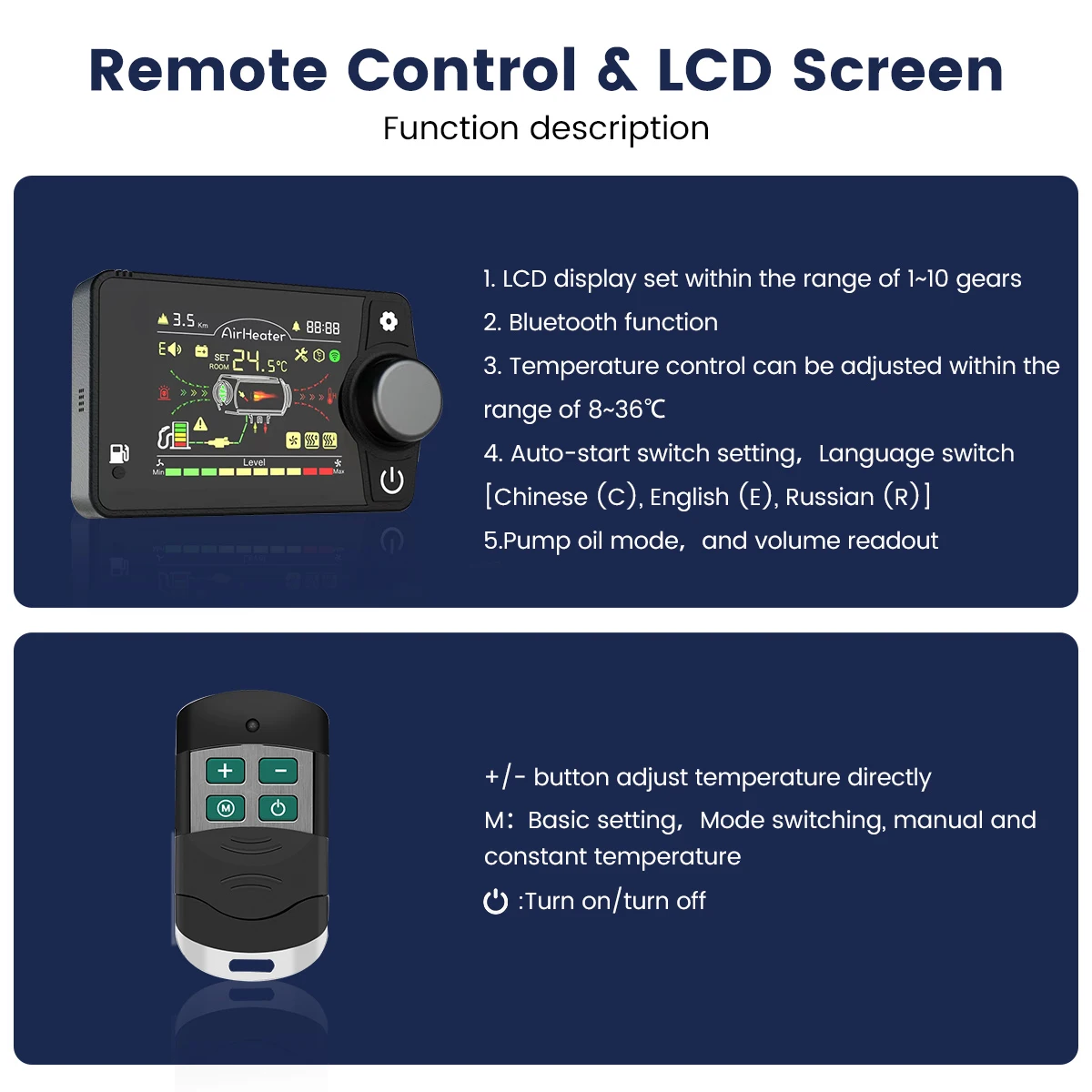 Hcalory-Acessórios do calefator do estacionamento do controle remoto, Bluetooth, interruptor do LCD, modelos universais da tensão, 12V, 24V