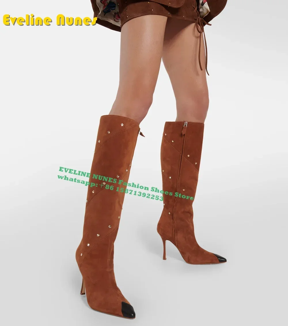 Faux Suede Rivet Fashion Boots Pointed Toe Stiletto Zipper Closure Mixed Colors Patchwork Women Knee High Boots 2026 New Style