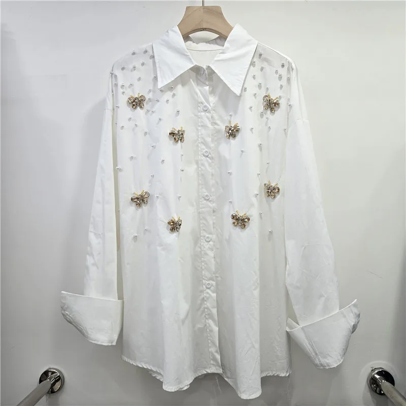 

SuperAen, свободная женская рубашка, весна 2026, новый дизайн, расшитая бисером, трехмерная бабочка, модные рубашки в европейском и американском стиле