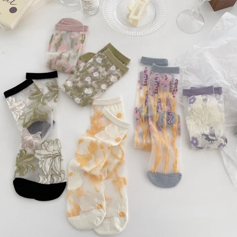 Ultra-thin Transparent Crystal Silk Socks New Floral Sweet Cute Japanese Summer Sock Women Mid-tube Elastic Cream Color Socks