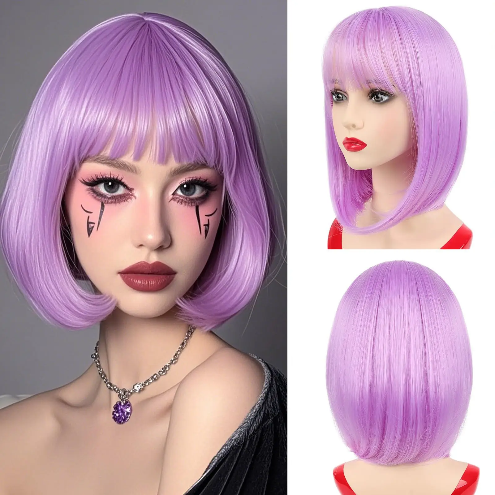 Modische rosa Bob-Frisur aus Kunsthaar für Partys, Halloween-Cosplay-Perücke, tägliches Hochtemperatur-Haaraccessoire-Set. – Detail 11