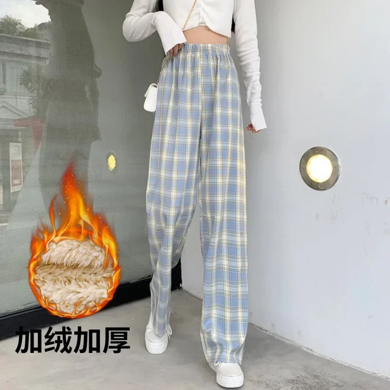 

Fashion Warm Plush Pants Thick Plaid Women Winter Casual Loose Wide Leg Trousers Korean Streetwear Straight Student New 2023