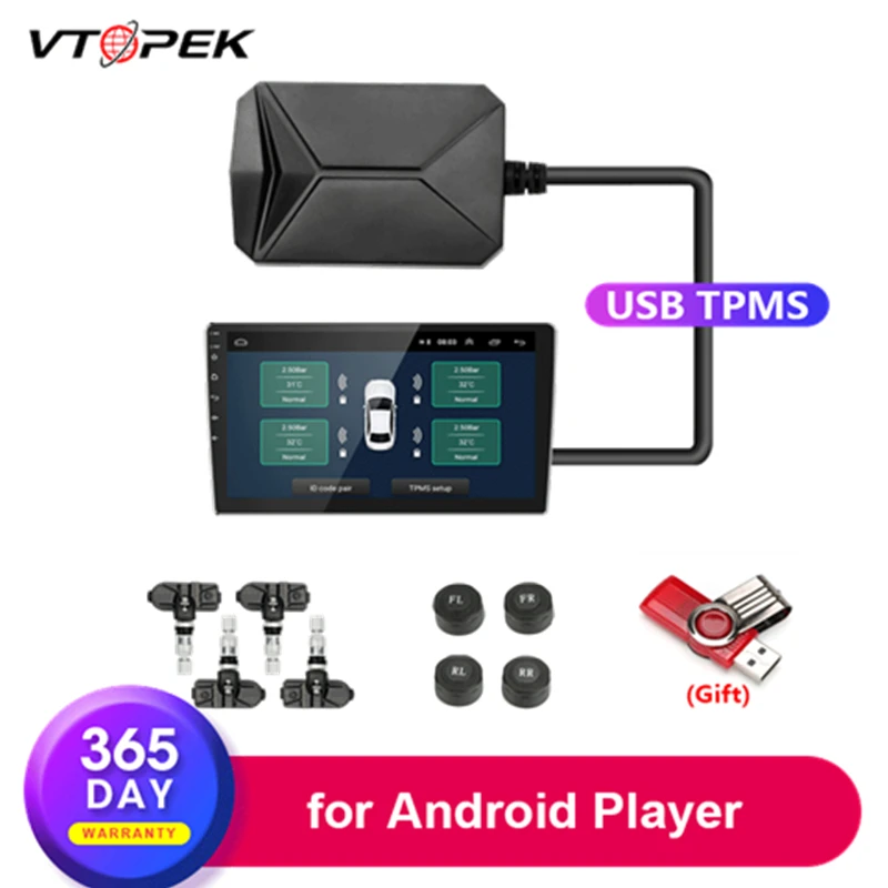 Vtopek USB TPMS Car Tire Pressure Alarm Monitor System for Car Android Navigation Player with 4 Sensors 5V Wireless Transmission