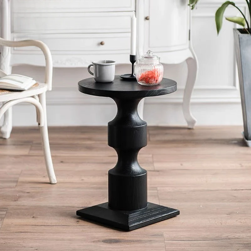 

Customization American country solid wood black vintage side table simple round coffee table French small apartment living room